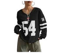 GORGLITTER Women's Jersey Sweatshirts Number Graphic V Neck Long Sleeve Oversized Pullovers Top Black X-Large