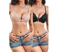 GORGLITTER Women's Lace Front Fastening Bras Push Up Underwire Plain Sexy Racerback High Support Bra (Pack of 2) Black and Pink 38B
