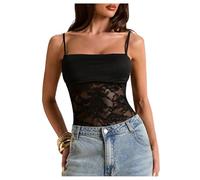 GORGLITTER Women's Lace Sheer Cami Bodysuits Sleeveless Backless Body Suit Clubwear Leotards Going Out Tops Black Large