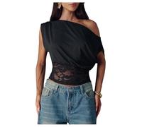 GORGLITTER Women's Lace Top Off The Shoulder Tops Crop Bat Wing Tops Ruched Sheer Summer Party Going Out Night Outfits Black M