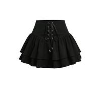 GORGLITTER Women's Lace Up Tiered Ruffle Hem Skorts High Waisted A Line Flared Goth Punk Shorts Black M