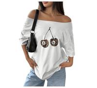 GORGLITTER Women's Leopard Cherry Print Off Shoulder T Shirts Number Graphic Short Sleeve Oversized Tops White Small