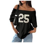 GORGLITTER Women's Leopard Cherry Print Off Shoulder T Shirts Number Graphic Short Sleeve Oversized Tops Black Medium