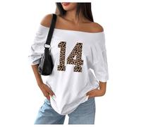 GORGLITTER Women's Leopard Cherry Print Off Shoulder T Shirts Number Graphic Short Sleeve Oversized Tops White and Brown Small