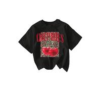GORGLITTER Women's Leopard Cherry Print Short Sleeve T Shirts Letter Graphic Crewneck Going Out Tops Black XX-Large