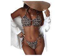 GORGLITTER Women's Leopard Halter Tie Neck Swimsuits Tie Side Thong Cut Out Frilled 2 Piece Bikini Sets Brown Large