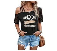 GORGLITTER Women's Leopard Heart Print Asymmetrical T Shirts Lace Contrast Short Sleeve Casual Summer Tops Black Medium