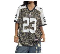 GORGLITTER Women's Leopard Number Graphic Jersey Shirts V Neck Half Sleeve Oversized Y2k Sports Tee Tops Brown Medium