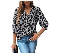 GORGLITTER Women's Leopard Print 3/4 Sleeve V Neck Blouses Collared Casual Tunic Shirts Black and Grey Small