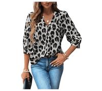 GORGLITTER Women's Leopard Print 3/4 Sleeve V Neck Blouses Collared Casual Tunic Shirts Grey Small