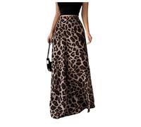GORGLITTER Women's Leopard Print A Line Long Skirts High Waisted Flared Flowy Maxi Trendy Skirt Coffee Brown Large