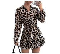 GORGLITTER Women's Leopard Print A Line Tiered Ruffle Mini Dresses Collar V Neck Long Sleeve Going Out Shirt Dress Khaki Medium