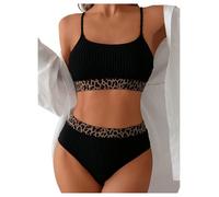 GORGLITTER Women's Leopard Print Bikini Sets Colorblock Tummy Control High Waisted Textured Swimsuit 2 Piece Resort Swimwear Black L