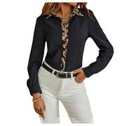 GORGLITTER Women's Leopard Print Button Down Shirts Collared Long Sleeve Contrast Trim Elegant Blouses Top Black X-Large