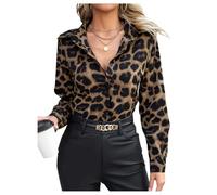 GORGLITTER Women's Leopard Print Button Up Blouses Long Sleeve Collar Neck Tunic Shirts Elegant Tops Brown Large