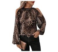 GORGLITTER Women's Leopard Print Cold Shoulder Blouses Ruched Mock Neck Long Sleeve Elegant Going Out Tops Brown X-Large