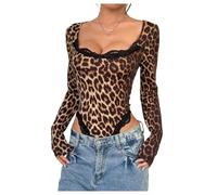 GORGLITTER Women's Leopard Print Contrast Lace High Cut Bodysuits Scoop Neck Long Sleeve Sexy Rave Tee Leotards Brown Large
