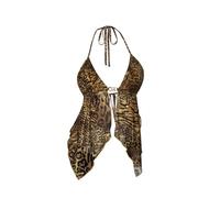 GORGLITTER Women's Leopard Print Deep V Halter Neck Tops Asymmetrical Tie Backless Slit Front Ring Sexy Rave Top Brown X-Small