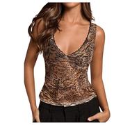 GORGLITTER Women's Leopard Print Deep V Neck Lace Tank Tops Ruched Sleeveless Sexy Skinny Party Top Brown Medium