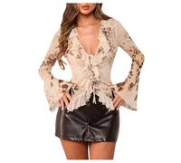 GORGLITTER Women's Leopard Print Deep V Neck Ruffled Blouses Bell Long Sleeve Fitted Tie Front Elegant Tops Apricot X-Small