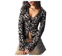 GORGLITTER Women's Leopard Print Deep V Neck Tops Rib Knit Button Front Long Sleeve Fitted Going Out T Shirts Black Medium