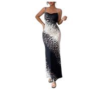 GORGLITTER Women's Leopard Print Fishtail Long Cami Dresses Cowl Neck Ombre Ruched Bodycon Cocktail Dress Black Medium