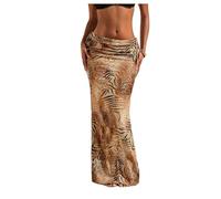 GORGLITTER Women's Leopard Print Fishtail Maxi Skirts Drawstring Low Waist Ruched Elegant Party Skirt Khaki Large