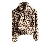 GORGLITTER Women's Leopard Print Fleece Crop Sweatshirt Half Zip Mock Neck Long Sleeve Thermal Tops with Pocket Apricot Large