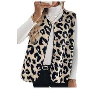 GORGLITTER Women's Leopard Print Fleece Vest Jackets Cheetah Button Down Sleeveless Winter Outerwear Coat Khaki Large