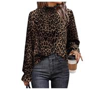 GORGLITTER Women's Leopard Print Frilled Mock Neck Blouses Ruffle Long Sleeve Elegant Going Out Shirts Brown X-Large