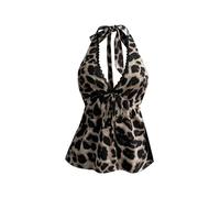 GORGLITTER Women's Leopard Print Halter V Neck Tops Tie Front Knot Backless Flared Hem Y2k Going Out Tops Khaki Medium