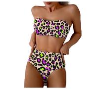 GORGLITTER Women's Leopard Print High Waisted Bikini Sets Strapless Bandeau Top 2 Piece Beach Swimwear Khaki Small