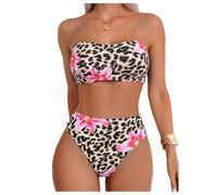 GORGLITTER Women's Leopard Print High Waisted Bikini Sets Strapless Bandeau Top 2 Piece Beach Swimwear Khaki Leopard Small