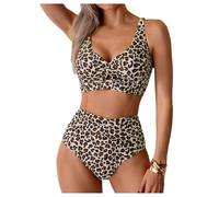 GORGLITTER Women's Leopard Print High Waisted Bikini Sets Twist Front Top Ruched Bottom 2 Piece Vacation Swimwear Apricot Small