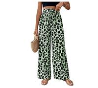 GORGLITTER Women's Leopard Print High Waisted Trousers Tie Front Wide Leg Casual Palazzo Pants Green Small