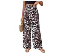 GORGLITTER Women's Leopard Print High Waisted Trousers Tie Front Wide Leg Casual Palazzo Pants White Large
