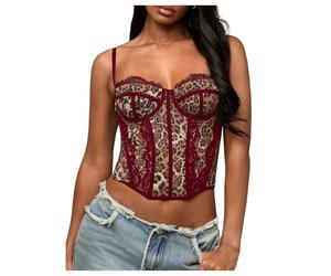 GORGLITTER Women's Leopard Print Lace Corset Tops Asymmetrical Bustier Crop Corsets Camisole Clubwear Burgundy Small