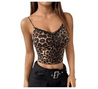 GORGLITTER Women's Leopard Print Lace Ruched Cami Tops Slim Fit Sexy Crop Tank Tops Brown M