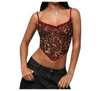 GORGLITTER Women's Leopard Print Lace Trim Asymmetrical Cami Top Sexy Fitted Crop Corset Tops Burgundy Large