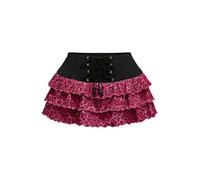 GORGLITTER Women's Leopard Print Layered Ruffle Mini Skirt Low Waist Lace Up Colorblock A Line Concert Skirts with Built-in Shorts Hot Pink Small