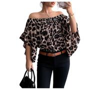 GORGLITTER Women's Leopard Print Off Shoulder Blouses Ruffle 3/4 Sleeve Smocked Loose Elegant Going Out Shirts Brown Large