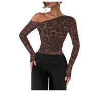GORGLITTER Women's Leopard Print One Off Shoulder Bodysuits Long Sleeve Ruched Mesh T Shirts Tops Elegant Leotards Coffee Brown Small