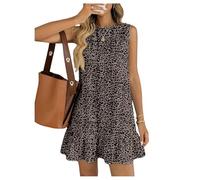 GORGLITTER Women's Leopard Print Ruffle A Line Dresses Crewneck Flared Mini Tank Sundress Going Out Beach Dress Brown Small