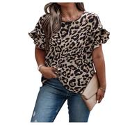 GORGLITTER Women's Leopard Print Ruffle Trim Blouses Plus Size Petal Sleeve Crewneck Loose Summer Casual Shirts Brown 3X-Large Plus