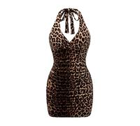 GORGLITTER Women's Leopard Print Sexy Hater Dress Tie Backless Ruched Bodycon Mini Dresses Brown Small