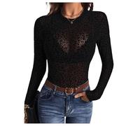 GORGLITTER Women's Leopard Print Sheer Mesh T Shirts Crewneck Long Sleeve Sexy Fitted Tops Black XS