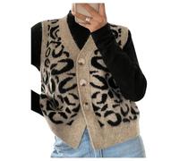 GORGLITTER Women's Leopard Print Sleeveless Jumpers V Neck Button Down Old Money Sweater Vests Khaki Medium