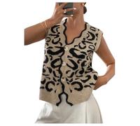 GORGLITTER Women's Leopard Print Sleeveless Jumpers V Neck Button Down Scalloped Sweater Vests Khaki Medium