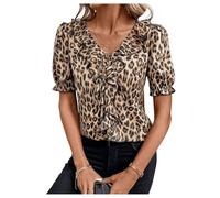 GORGLITTER Women's Leopard Print Tie Front Ruffled Blouses V Neck Puff Short Sleeve Elegant Shirts Brown Medium