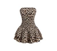GORGLITTER Women's Leopard Print Tiered Ruffle Bandeau Dress Strapless Smocked A Line Skater Mini Y2K Party Concert Dresses
